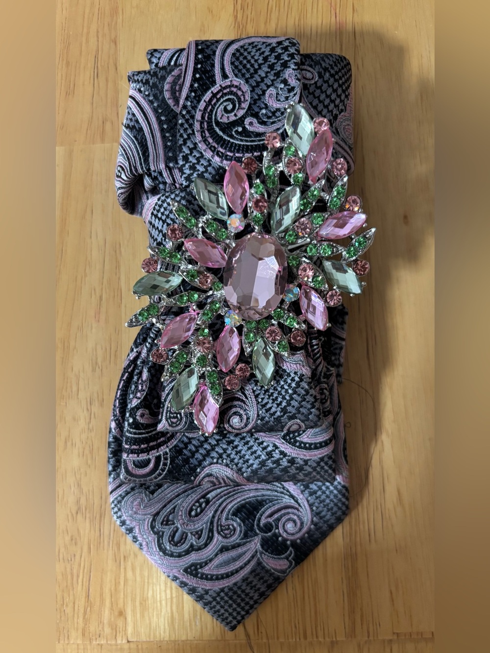 Pink & Black Necktie Necklace with Crystal Floral Brooch Pin - Pink and Green